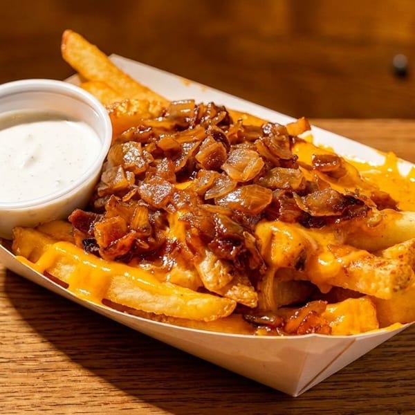 Loaded fries with melted cheese, caramelized onions, and a side of ranch dressing.