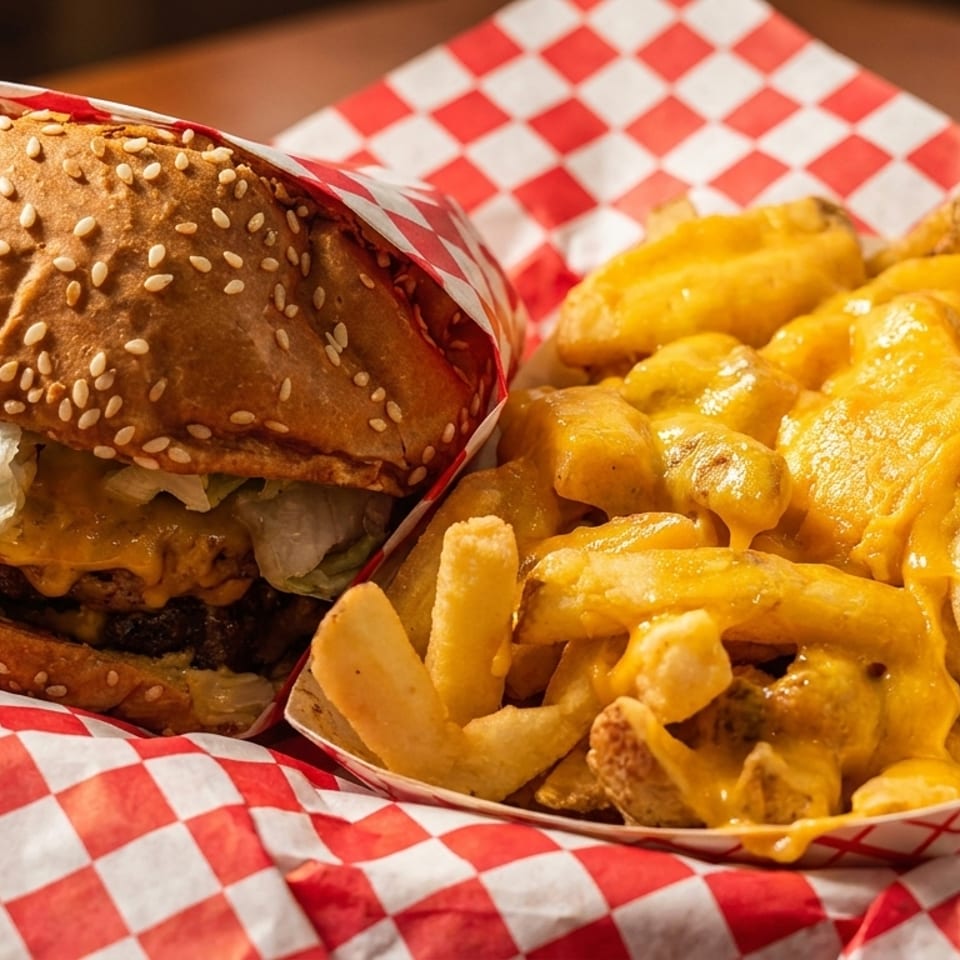 Cheeseburger wrapped in red and white checkered paper next to a container of cheese fries.