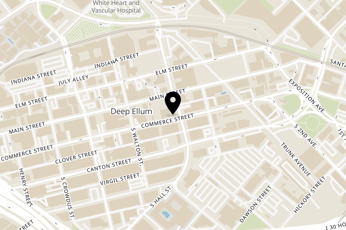 Map showing the location of Sky Rocket Burger Dallas on 111 S Hall St in Dallas