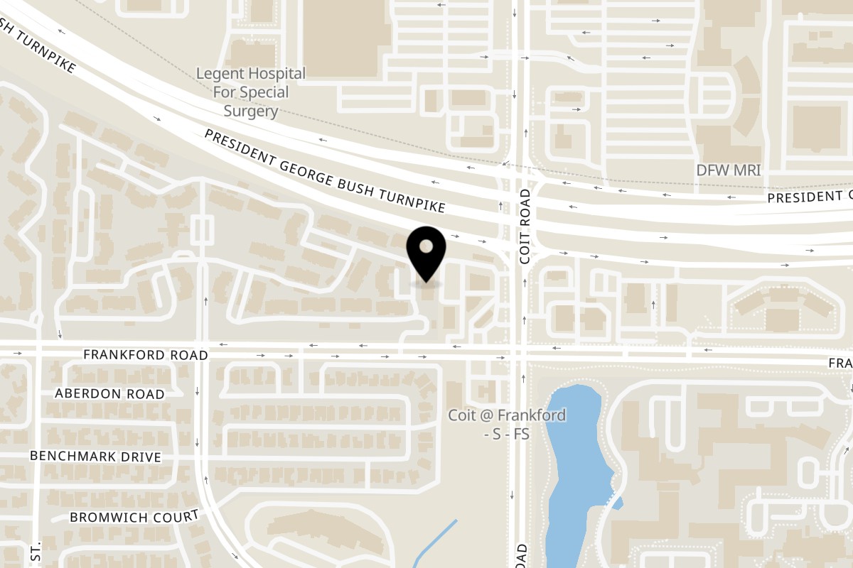 Map showing the location of Sky Rocket Burger Dallas (Frankford) on 7877 Frankford Rd #101B in Dallas